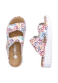 Colorful patterned sandals with dual Velcro straps, featuring a white sole and cushioned insole for comfort. Textured upper with cutouts.