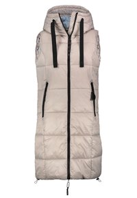 Beżowa kamizelka puchowa bez rękawów z czarnym zamkiem z przodu, dwoma bocznymi kieszeniami na zamek, kapturem i czarnymi sznurkami.
