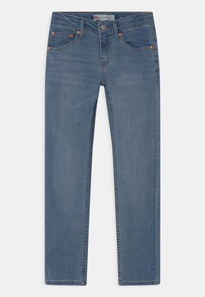 Jean Levi's bleu slim taper avec cinq poches, fermeture par bouton et fermeture éclair, et rivets en cuivre sur les poches avant.