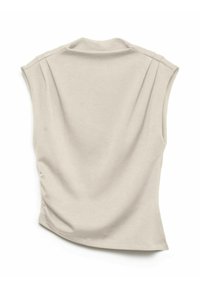 Top beige senza maniche realizzato in tessuto morbido, con vestibilità rilassata, scollo tondo e dettagli arricciati sui lati. Texture sottile su tutta la superficie.