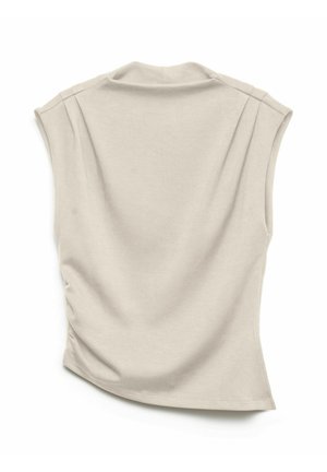 Top beige senza maniche realizzato in tessuto morbido, con vestibilità rilassata, scollo tondo e dettagli arricciati sui lati. Texture sottile su tutta la superficie.