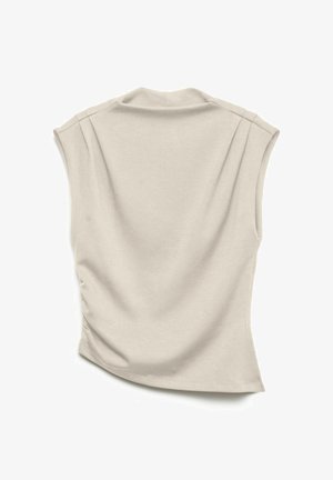 Top beige senza maniche realizzato in tessuto morbido, con vestibilità rilassata, scollo tondo e dettagli arricciati sui lati. Texture sottile su tutta la superficie.