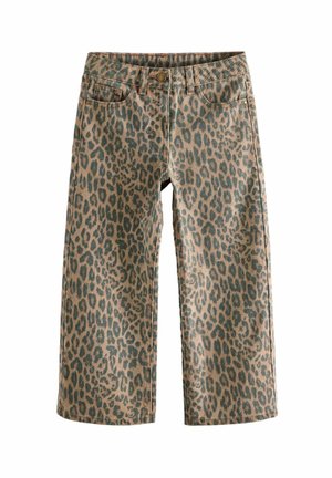 Brown wide-leg pants with green leopard print, front button, belt loops, and front pockets.