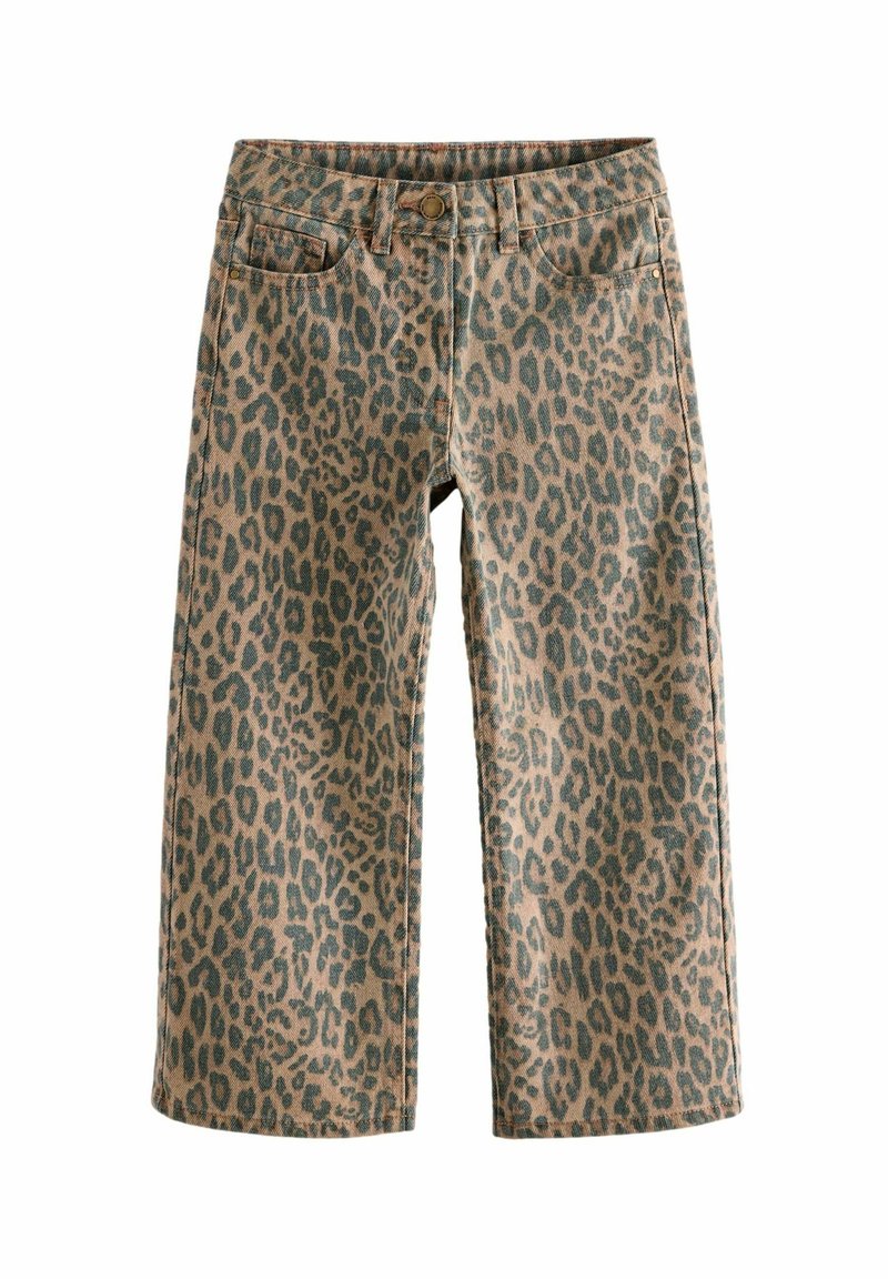 Pantalon large marron à imprimé léopard vert, avec boutons à l'avant, passants pour ceinture et poches avant.