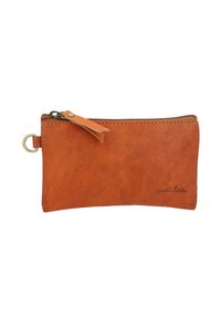 Small rectangular brown leather pouch with top zipper, leather pull tab, and metal ring on the side for attachment.