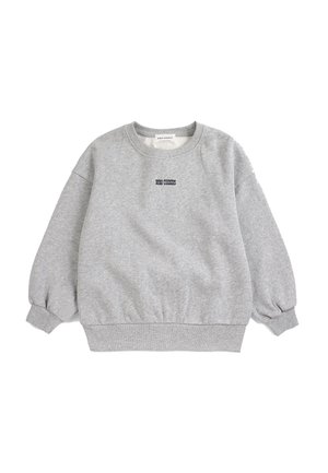Lichtgrijze crewneck sweat met lange mouwen en geribde manchetten, tailleband en kleine zwarte "BOBO CHOSES" tekst op de borst.