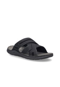 Sandale noire avec un design à lanières croisées, fabriquée en cuir avec des accents de couture. Style ouvert à l'avant avec une semelle intérieure rembourrée et une semelle en caoutchouc.