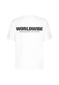 White cotton t-shirt featuring a black graphic print on the back with the word "WORLDWIDE" and additional text in a bold font.