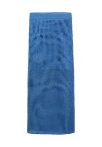 Jupe longue tricotée bleue avec une texture en tricot ajouré et une taille élastique. Présente une silhouette droite et un tissu doux.