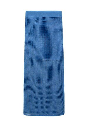 Blue knitted full-length skirt with an open weave texture and elastic waistband. Features a straight silhouette and soft fabric.