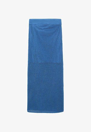 Blue knitted full-length skirt with an open weave texture and elastic waistband. Features a straight silhouette and soft fabric.