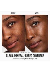 Application de maquillage à base de minéraux montrée sur la peau, comparant la texture et la couvrance. À gauche : ton irrégulier ; à droite : fini doux et uniforme en Dark/Deep 5.5C.