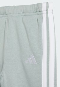Light green sweatpants featuring white side stripes, an elastic waistband, and a small silver logo on the front. Soft, textured material.