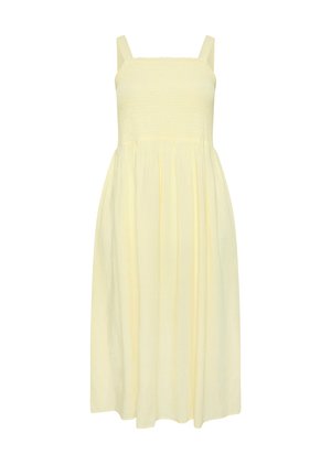 Vestido midi sin mangas de color amarillo pálido con corpiño fruncido y tirantes anchos, con falda plisada.