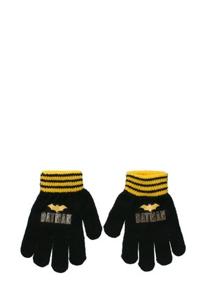 Black gloves with yellow striped cuffs featuring Batman logo and text on the back of each glove, laid flat on white background.