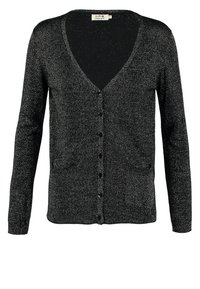 Svart cardigan med V-ringning, lång ärm, knappstängning framtill, två fickor och en fläckig textur för extra visuell intresse.