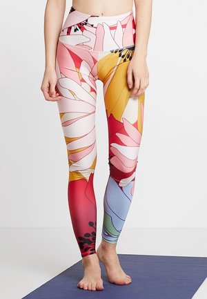 Farverige højtaljede leggings med blomsterprint i pink, gul og blå nuancer. Lavet af strækbart, glat stof til aktive aktiviteter.