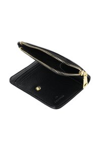 Black leather wallet with gold zipper hardware, textured finish, and interior card slots. Open design displaying interior compartment.