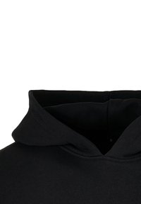 Schwarzer Hoodie mit einer großen, runden Kapuze und einem weichen, strukturierten Stoff. Das Design beinhaltet eine Öffnung am Vorderhals und keine sichtbaren Verschlüsse.