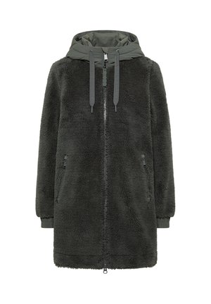 Tumma vihreä fleece-takki, jossa on vetoketjullinen etuosa, huppu ja kiristysnyörit. Takissa on sivutaskut ja ribbikujat, mikä luo teksturoitua pintaa.