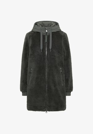 Dunkelgrüner Fleece-Mantel mit Reißverschluss und Kapuze sowie Kordelzügen. Er verfügt über Seitentaschen und gerippte Bündchen und präsentiert eine strukturierte Oberfläche.