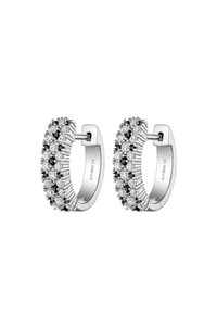 Silver hoop earrings adorned with alternating rows of small clear and black gemstones, featuring post-back closures.