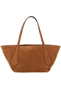 Brown suede tote bag with elongated shape, flat sides, and two sturdy handles. Smooth texture with minimal stitching and no additional embellishments.