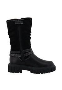 Schwarze kniehohe Stiefel aus Wildleder und Leder, mit einem seitlichen Reißverschluss, silbernen Riemen und strukturierten Gummisohlen für besseren Halt.