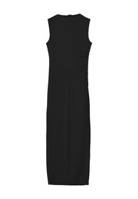 Abito nero senza maniche con silhouette dritta, dettaglio arricciato sul lato, design fino al ginocchio e una piccola cerniera sul retro.