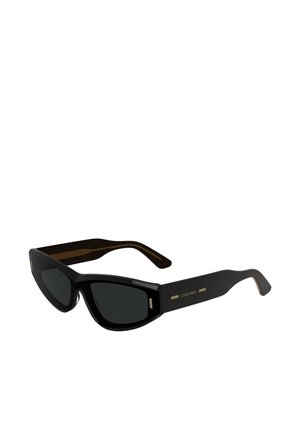 Black sunglasses with a sleek cat-eye shape. Glossy finish, solid dark lenses, and gold accents on the temples. Calvin Klein branding visible.