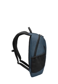 Zaino in tessuto blu con chiusura a zip, tasca laterale in rete, spallacci imbottiti e design elegante e curvo, adatto per l'uso quotidiano.