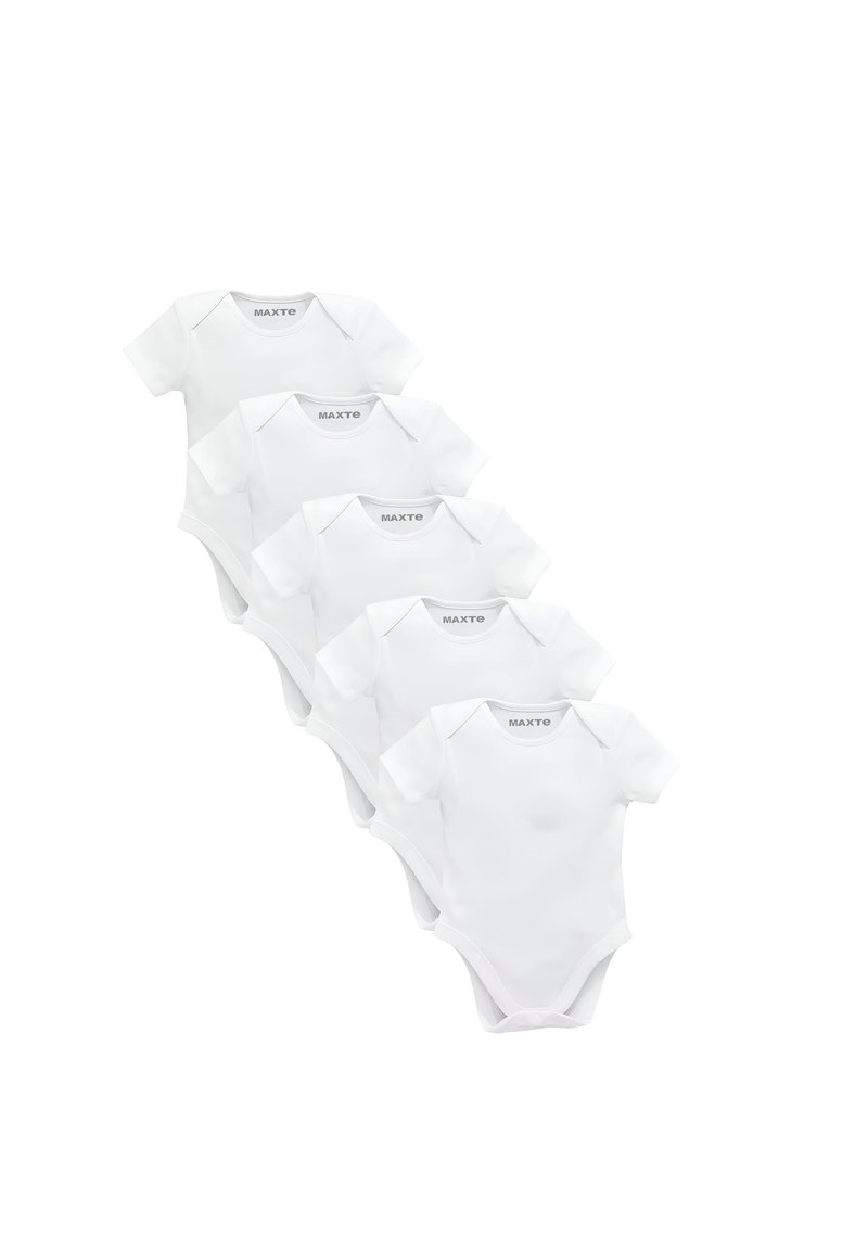 Vijf witte katoenen baby rompertjes met korte mouwen en drukknoopsluitingen onderaan, met een zachte structuur en een ronde halslijn.