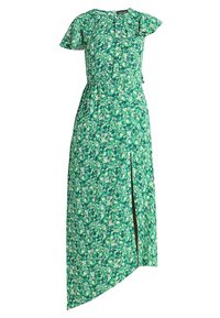Grön blommig maxiklänning med korta volangärmar, elastisk midja, asymmetrisk nederkant och sidoklyfta. Tyget har en blandning av små mönster.