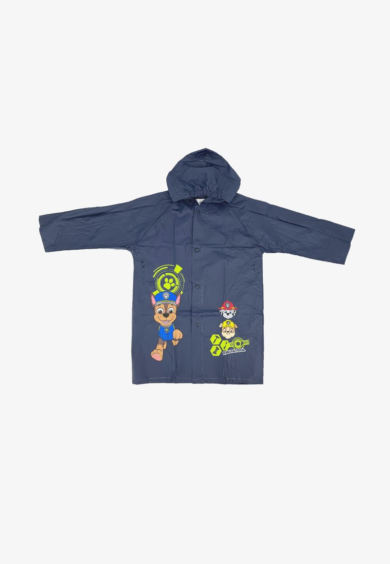Navy waterproof raincoat with hood, featuring cartoon dog characters and green accents. Snap closure and wide sleeves for easy wear.