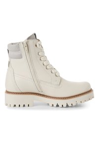 White leather ankle boots with a textured finish, featuring a side zipper, lace-up front, and rugged rubber sole for traction.