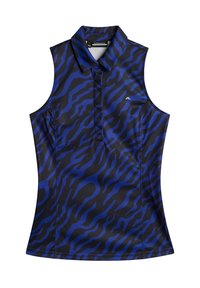 Sleeveless polo in black and blue with a wave pattern. Features a collar, slim fit, and a logo on the front. Made from smooth, synthetic material.