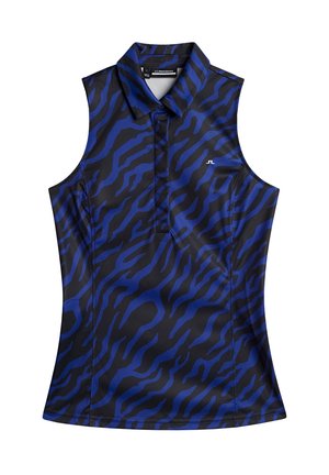 Sleeveless polo in black and blue with a wave pattern. Features a collar, slim fit, and a logo on the front. Made from smooth, synthetic material.