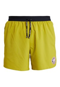 Grüne Sportschuhe aus leichtem Stoff. Verfügt über einen elastischen Bund mit schwarzem Kordelzug und einen dekorativen Aufnäher an der Seite.