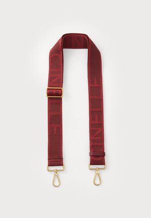 Adjustable burgundy fabric strap with embossed lettering, gold-tone hardware, and lobster clasps at each end for attachment.