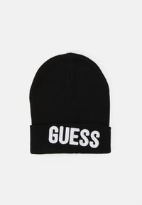 Berretto lavorato a maglia nero con risvolto, caratterizzato dalla scritta "GUESS" in grandi lettere bianche decorate con strass.