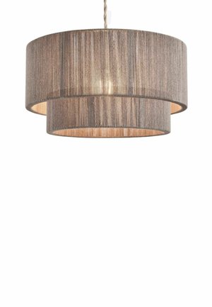 Suspended two-tier cylindrical pendant light with a textured beige fabric shade and visible light bulb inside.