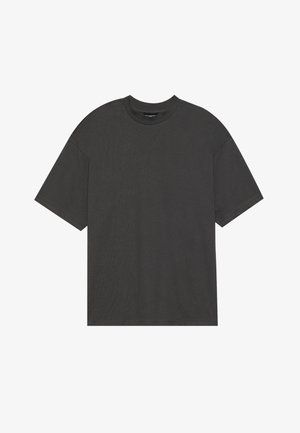 Ein einfarbig dunkelgraues T-Shirt mit kurzen Ärmeln und rundem Ausschnitt, aus weicher Baumwolle gefertigt, mit einer lockeren Passform und ohne sichtbare Muster oder Akzente.