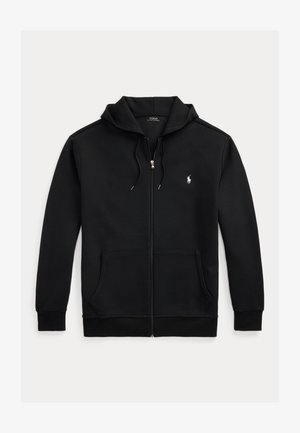 Casaco preto com fecho de correr, capuz com cordão, punhos canelados, dois bolsos frontais e um pequeno logótipo no peito esquerdo. Material de algodão macio.