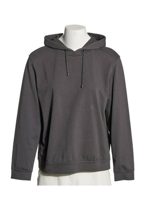 Donkergrijze capuchontrui met lange mouwen en trekkoorden, getoond op een witte mannequin torso tegen een witte achtergrond.