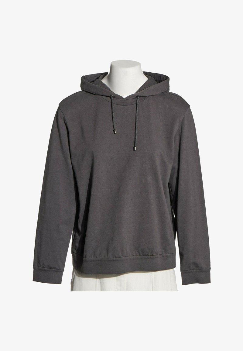 Sweat à capuche gris foncé avec manches longues et cordons, présenté sur un torse de mannequin blanc sur fond blanc.