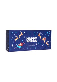 Boîte cadeau marine avec le logo "Happy Socks". Présente le Père Noël dans un traîneau avec des rennes et des étoiles. Dimensions de la boîte : 4 paires de chaussettes mi-mollet pour adultes.