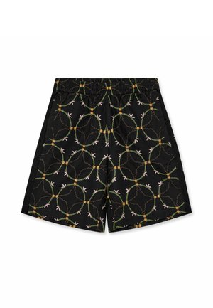 Zwarte korte broek met elastische taille, versierd met een herhalend bloemrijk borduurpatroon in groene, oranje en lichtroze draden.