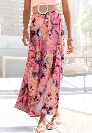 Floral maxi skirt in vibrant pink, orange, and black hues. Lightweight fabric with a flowing design, featuring a wide belt with a square buckle.