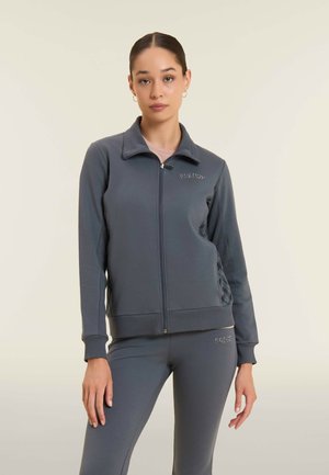 Veste grise zippée avec un col, des poignets côtelés et des accents de logo ; assortie avec un pantalon ajusté. Tissu lisse avec un léger éclat.