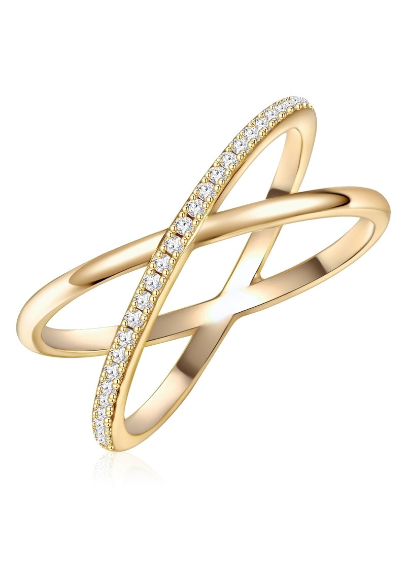 Pozlaćeni prsten s dva isprepletena prstena; jedan gladak, a drugi ukrašen malim prozirnim dragim kamenjem u sredini.